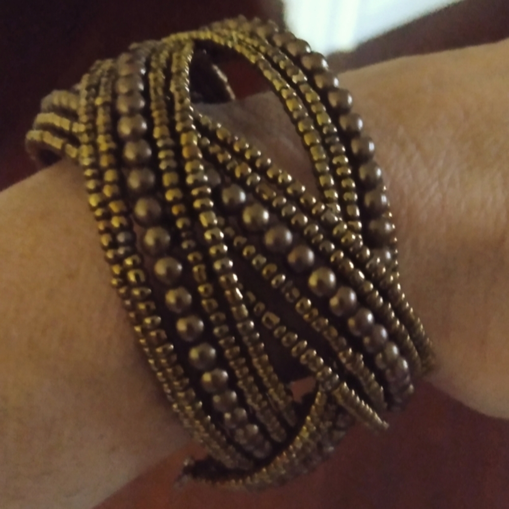 Beaded adjustable brown cuff bracelet
